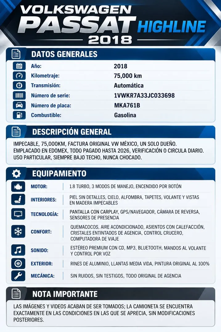 Descripción visual de VOLKSWAGEN PASSAT HIGHLINE 2018
