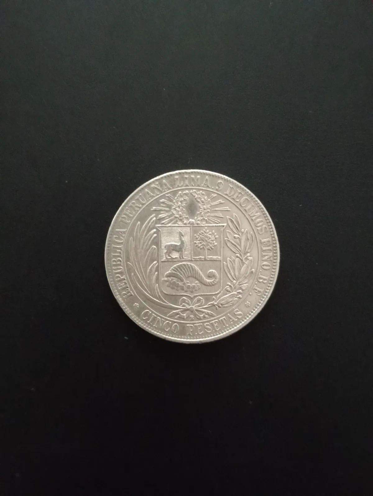 Moneda de plata 5 Pesetas Inca Perú 1880